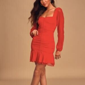 4SI3NNA Anne Red Mesh Ruched Long Sleeve Mini Dress Medium NEW